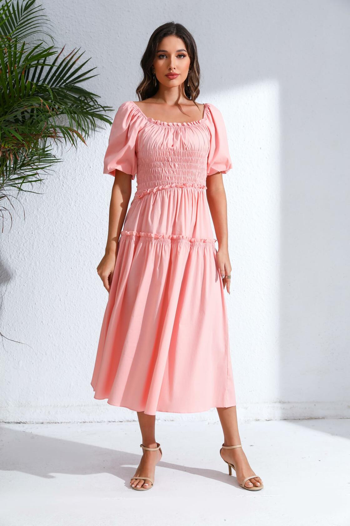 Love Welove Fashion Women's Formal Midi Puff Sleeve Dress Pastel Pink