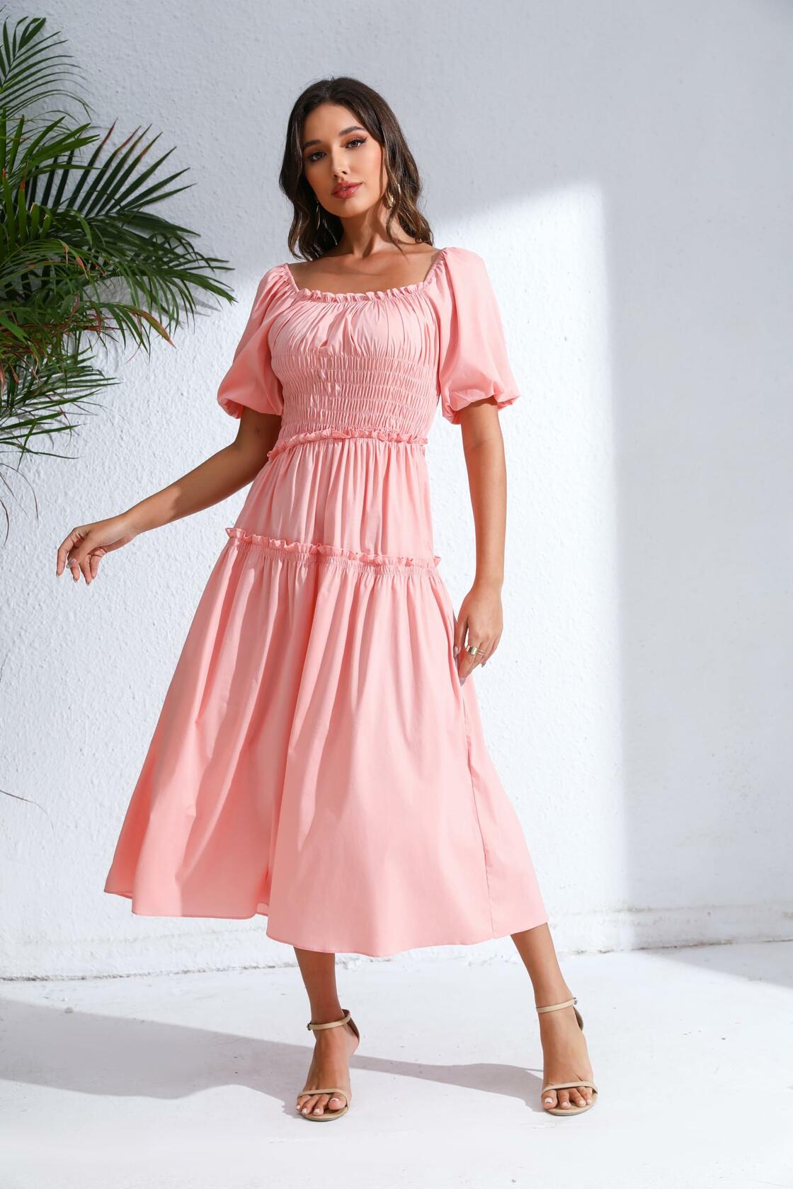 Love Welove Fashion Women's Formal Midi Puff Sleeve Dress Pastel Pink