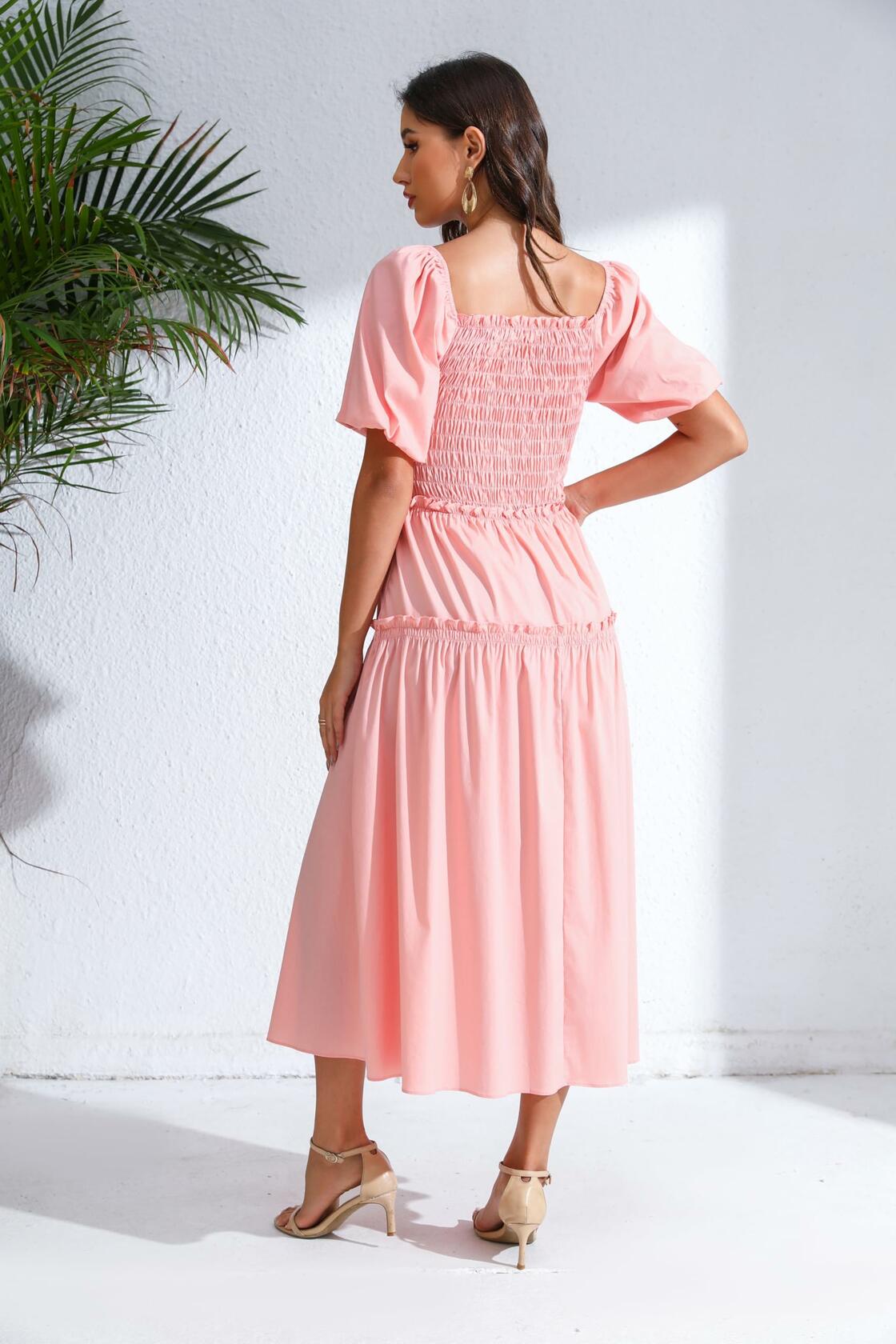 Love Welove Fashion Women's Formal Midi Puff Sleeve Dress Pastel Pink