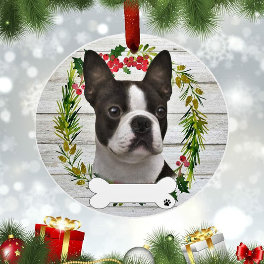 E&S Pets Boston Terrier Ceramic Round Ornament DIY Personalizable Glazed