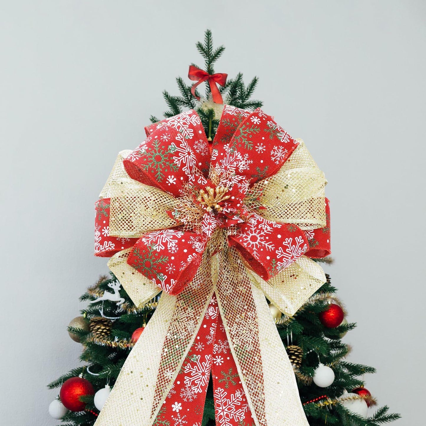 Filltown Christmas Tree Topper Bow 53x13 Inch Red & Gold Xmas Ornament