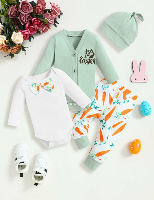 FoWear Baby Boy Easter Outfit Romper & Carrot Print Pants 4PCS Size 3-6M