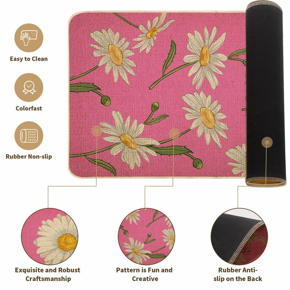 Spring Kitchen Mats Set of 2 Floral Daisy Rugs Pink 17x29 & 17x47 Inch