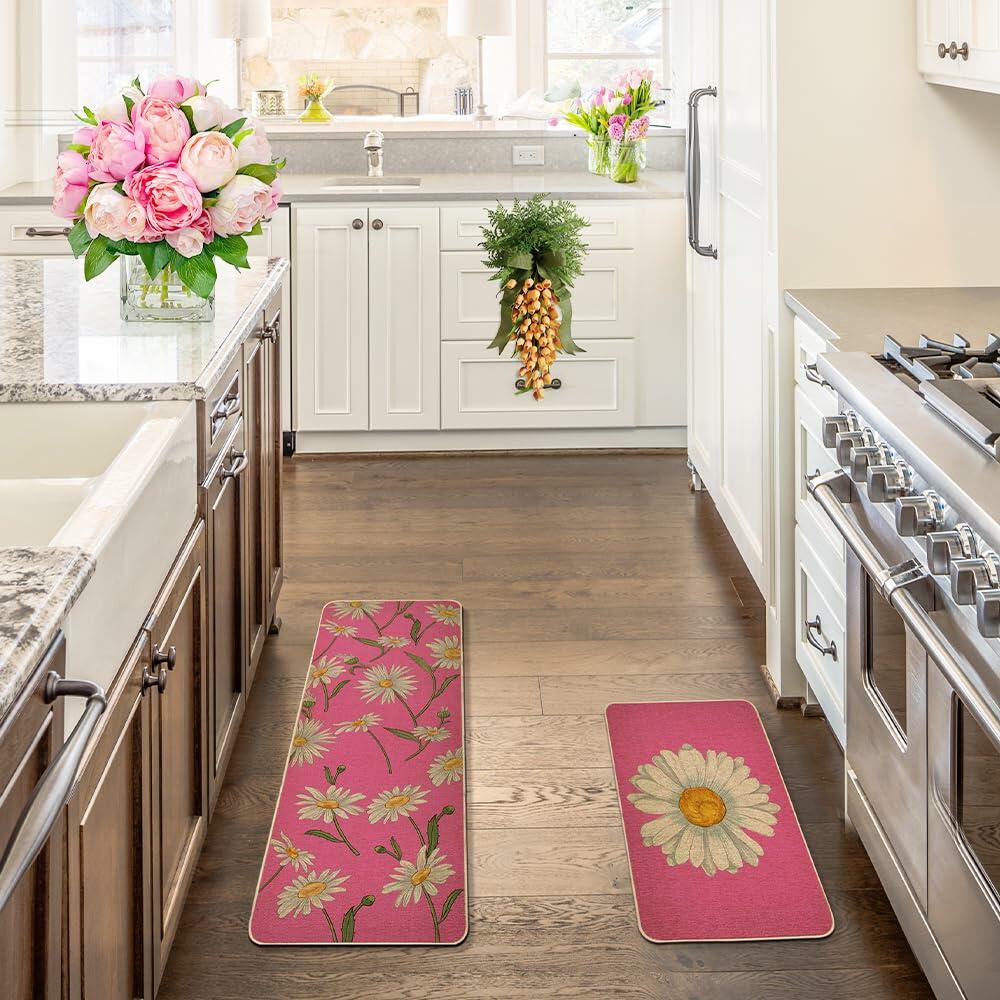 Spring Kitchen Mats Set of 2 Floral Daisy Rugs Pink 17x29 & 17x47 Inch