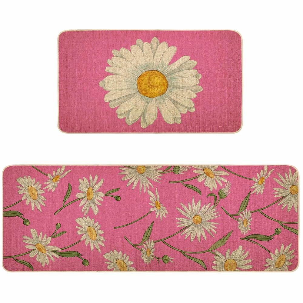 Spring Kitchen Mats Set of 2 Floral Daisy Rugs Pink 17x29 & 17x47 Inch