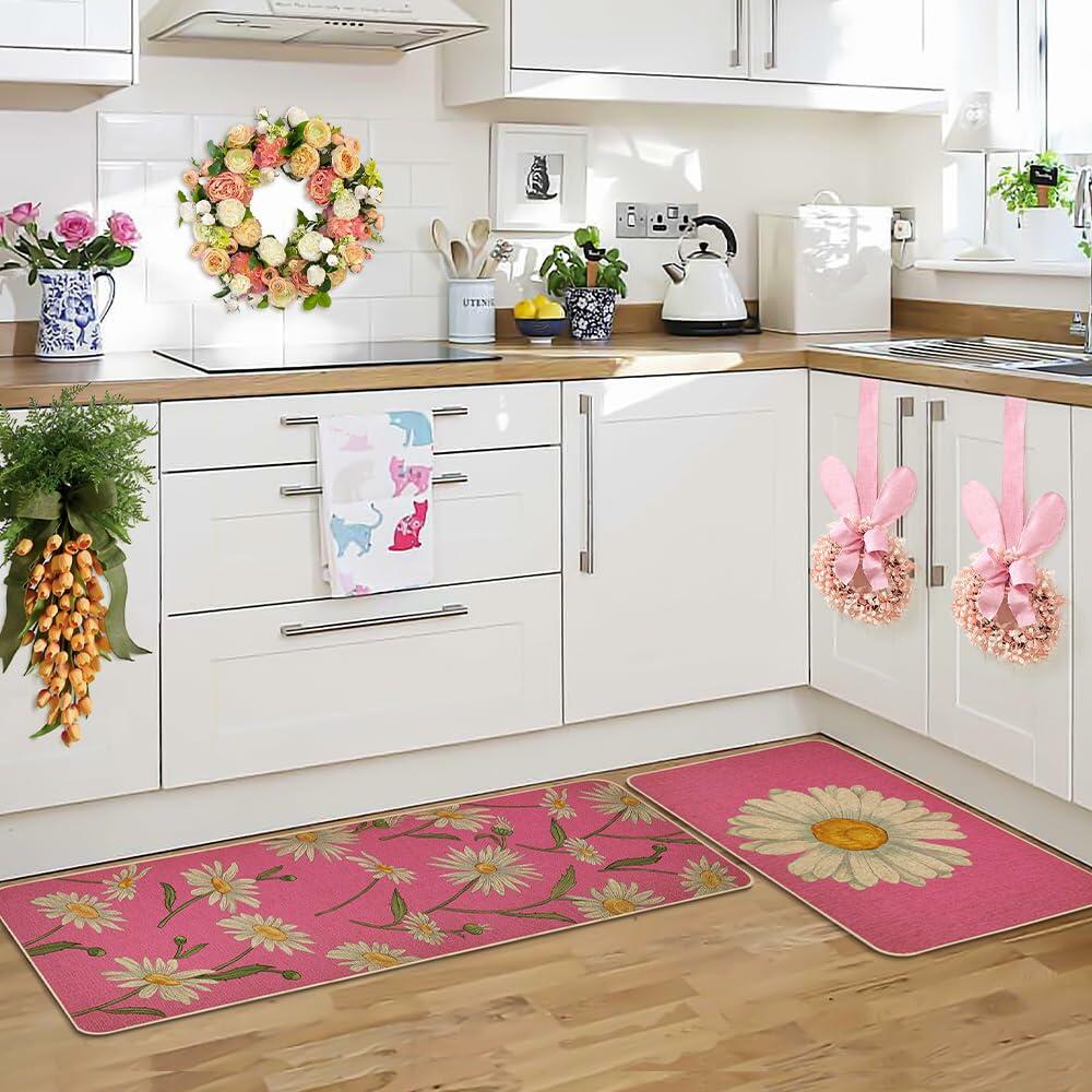 Spring Kitchen Mats Set of 2 Floral Daisy Rugs Pink 17x29 & 17x47 Inch