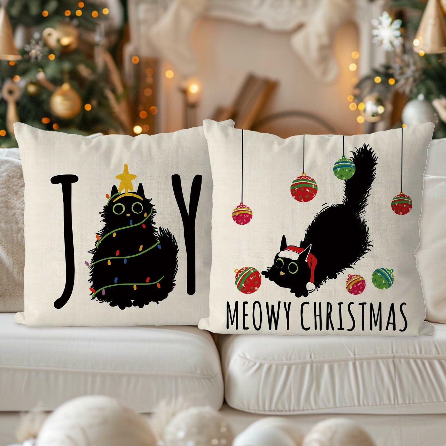 QIONG MENG Christmas Pillow Covers 18x18 Black Cat Set of 2