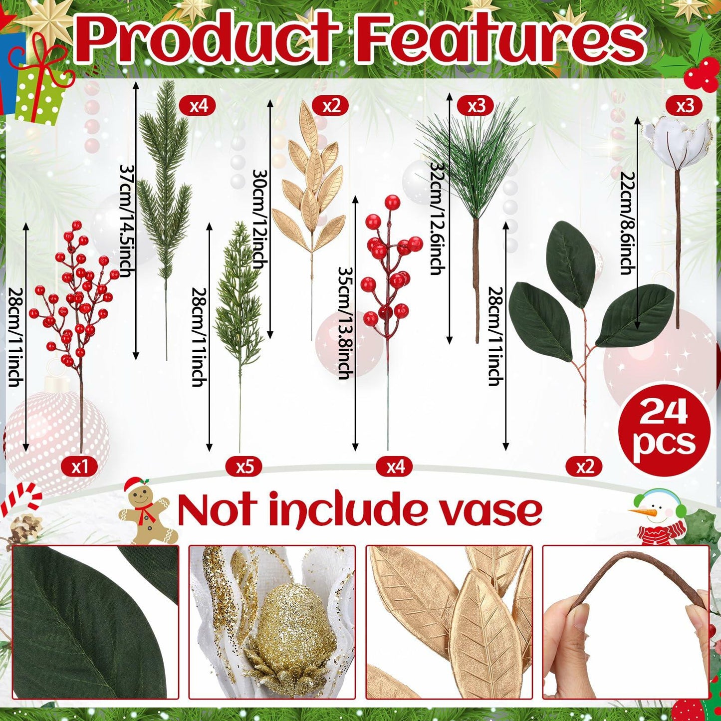 24 Pcs Artificial Christmas Magnolia Pine Berry Stems Red Glitter
