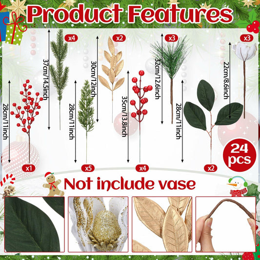 24 Pcs Artificial Christmas Magnolia Pine Berry Stems Red Glitter