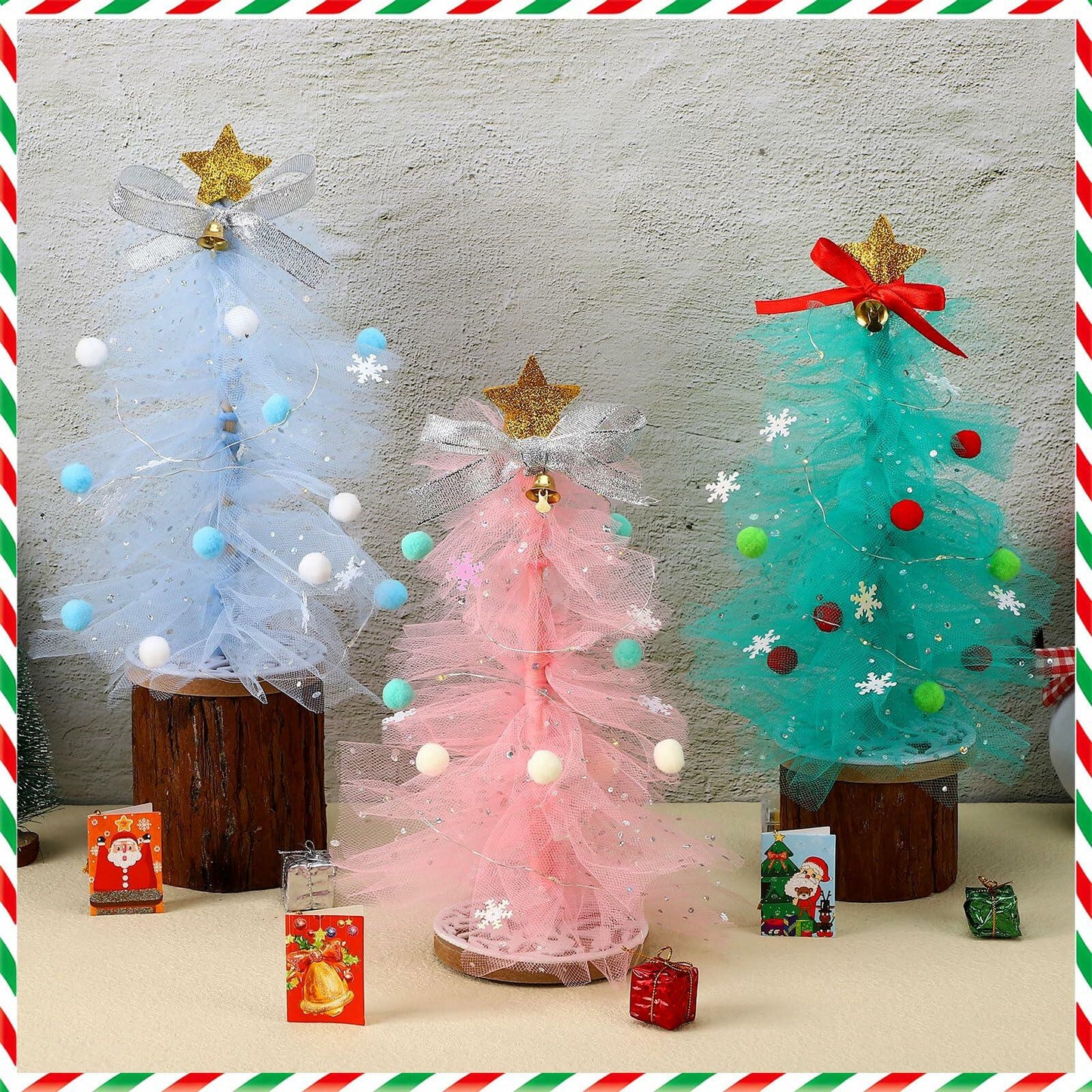 Hungdao 3 Set DIY 12 Inch Tulle Christmas Tree Craft Kit with Light