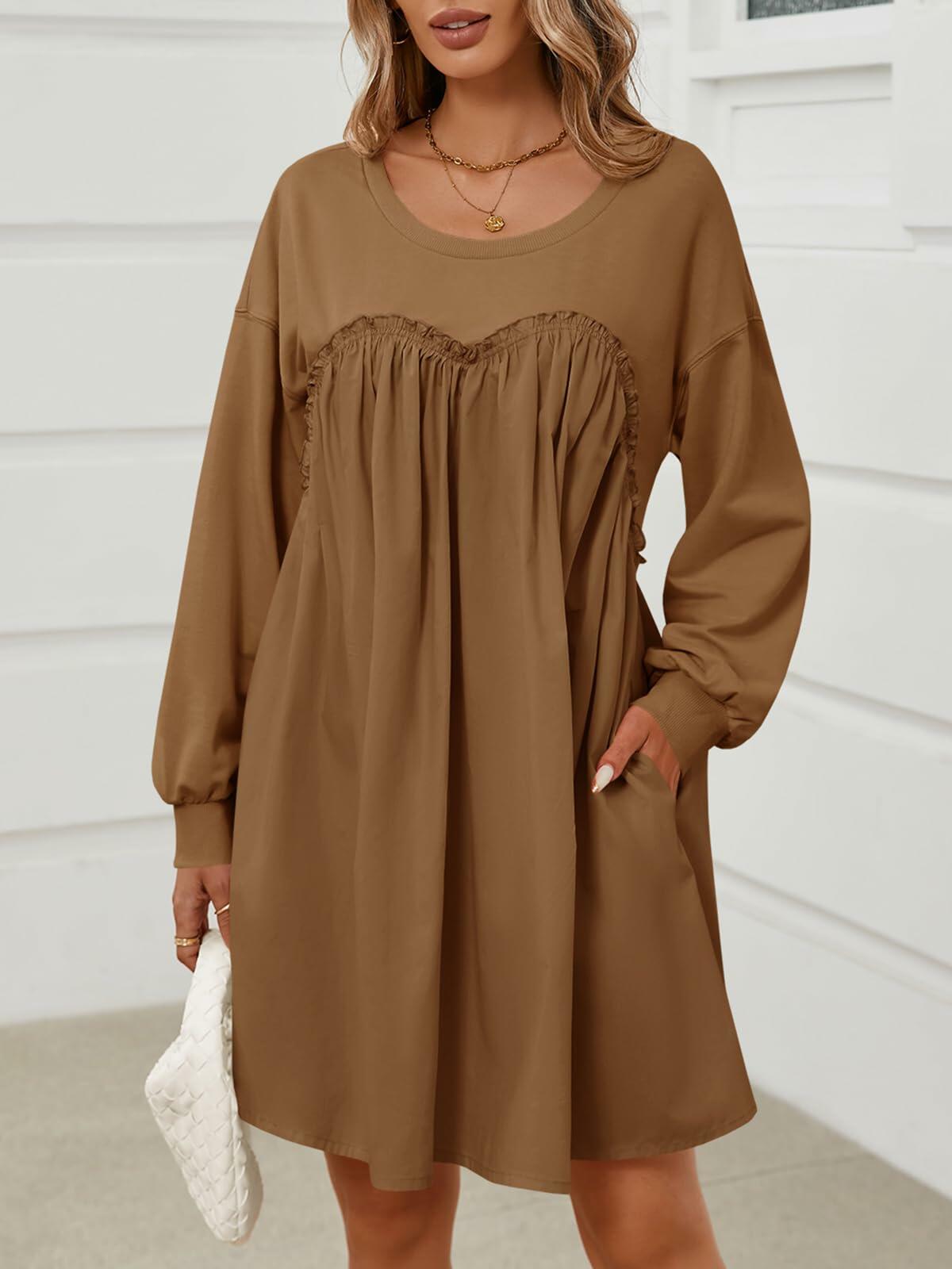 Wenrine Womens Long Sleeve Patchwork Sweatshirt Dress Mini Coffee M