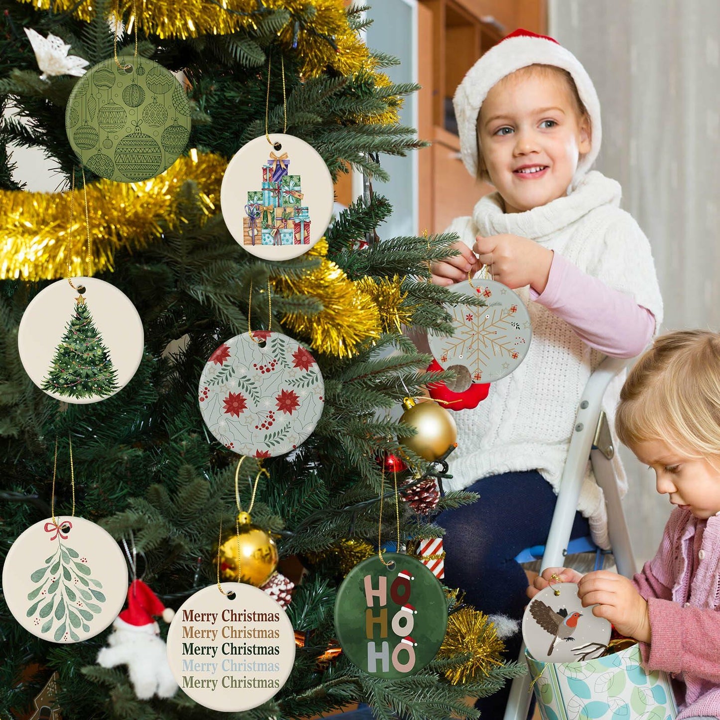 Funnymoom Boho Christmas Ceramic Tree Ornaments 24 Pcs Hanging Decor