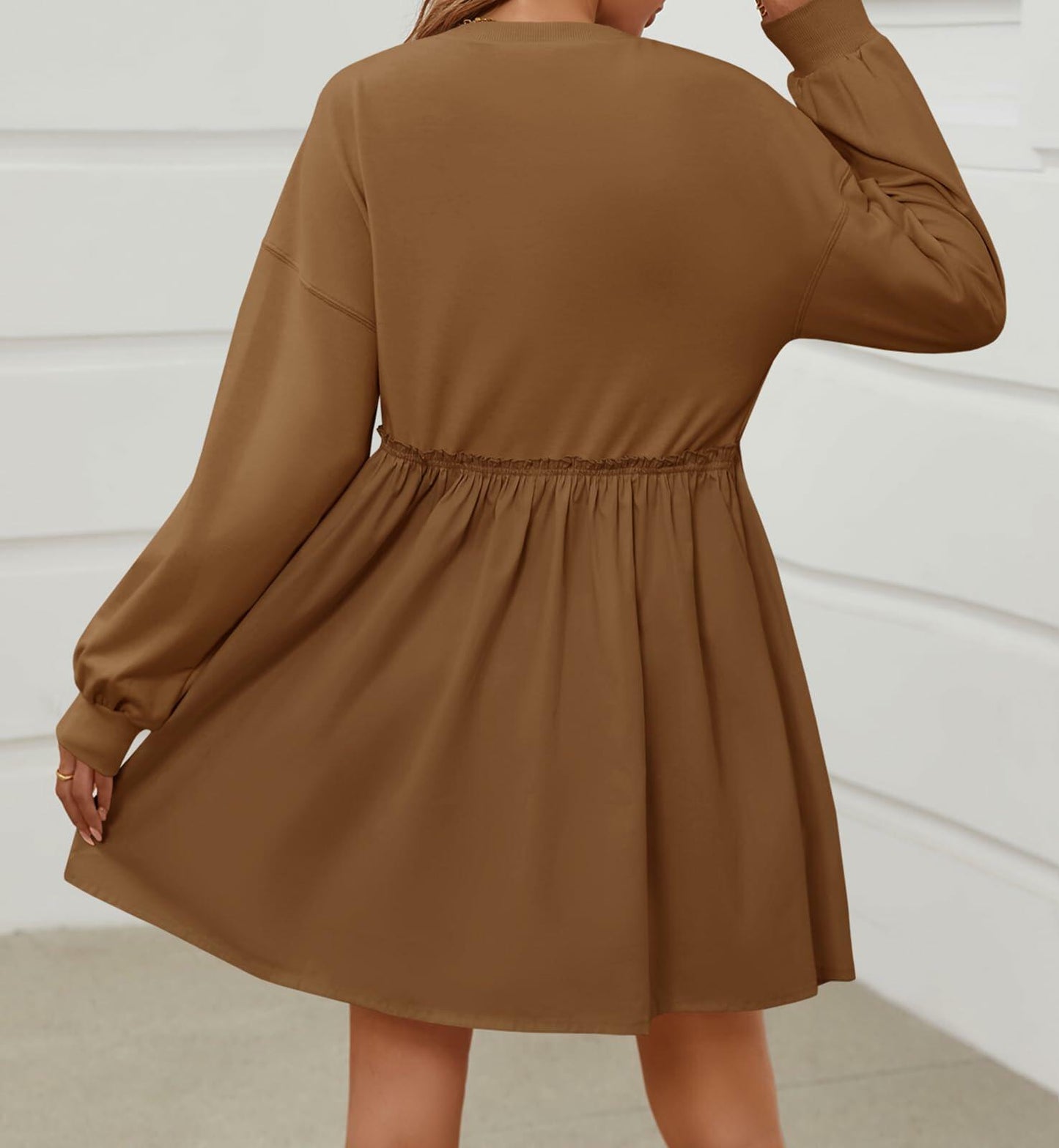 Wenrine Womens Long Sleeve Patchwork Sweatshirt Dress Mini Coffee M