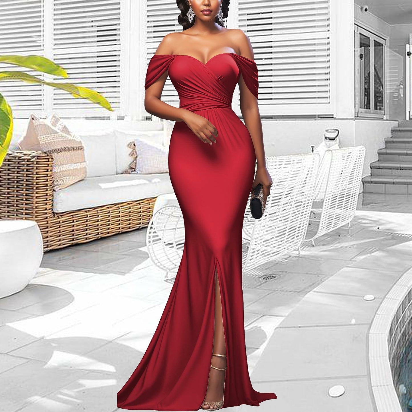 Red Elegant Off Shoulder Mermaid Maxi Dress Women Formal Wedding Size M