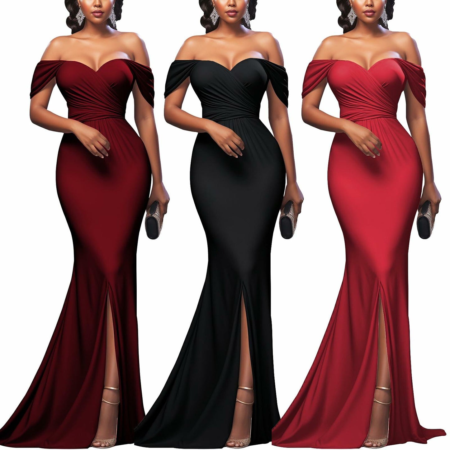 Red Elegant Off Shoulder Mermaid Maxi Dress Women Formal Wedding Size M