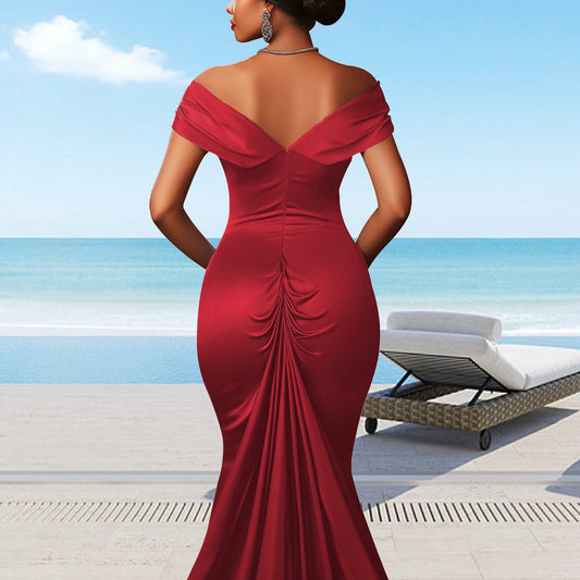 Red Elegant Off Shoulder Mermaid Maxi Dress Women Formal Wedding Size M