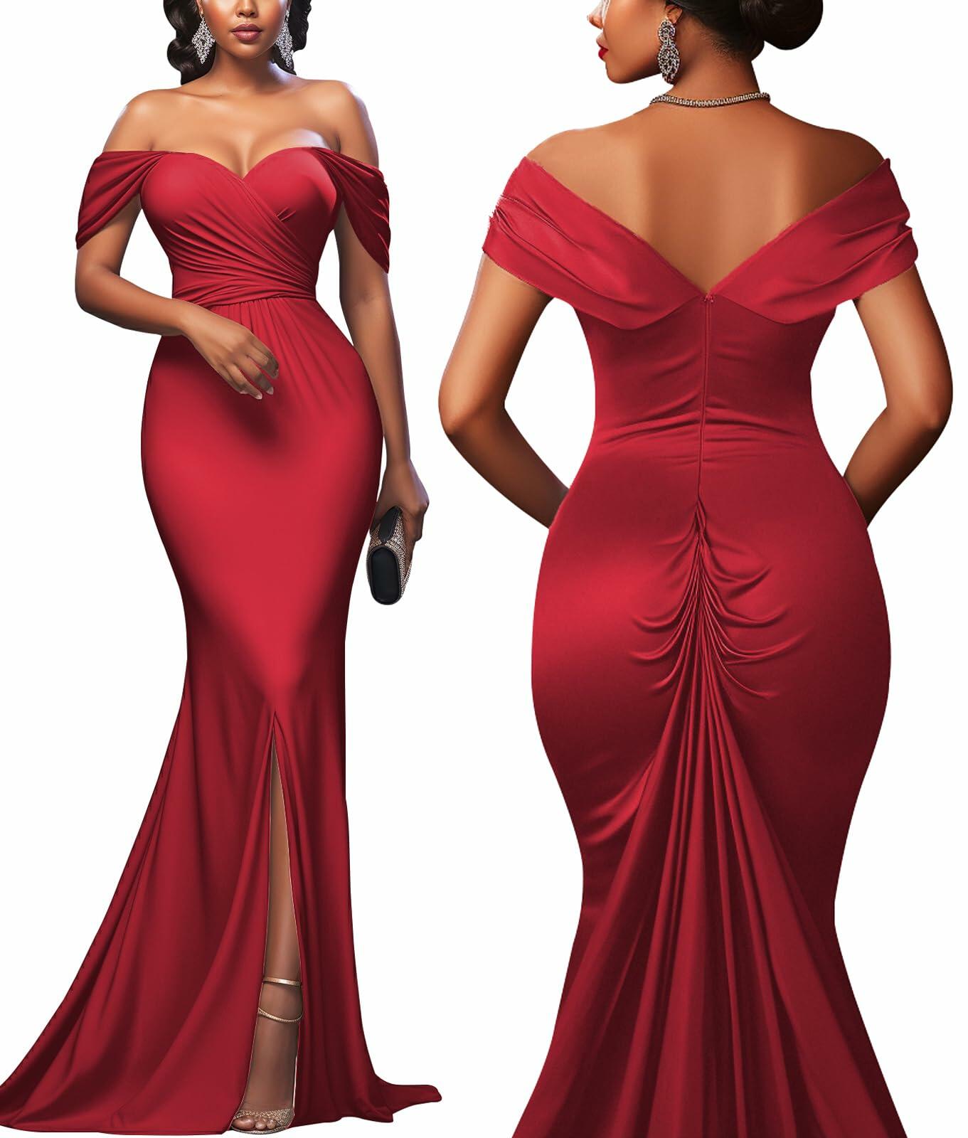 Red Elegant Off Shoulder Mermaid Maxi Dress Women Formal Wedding Size M