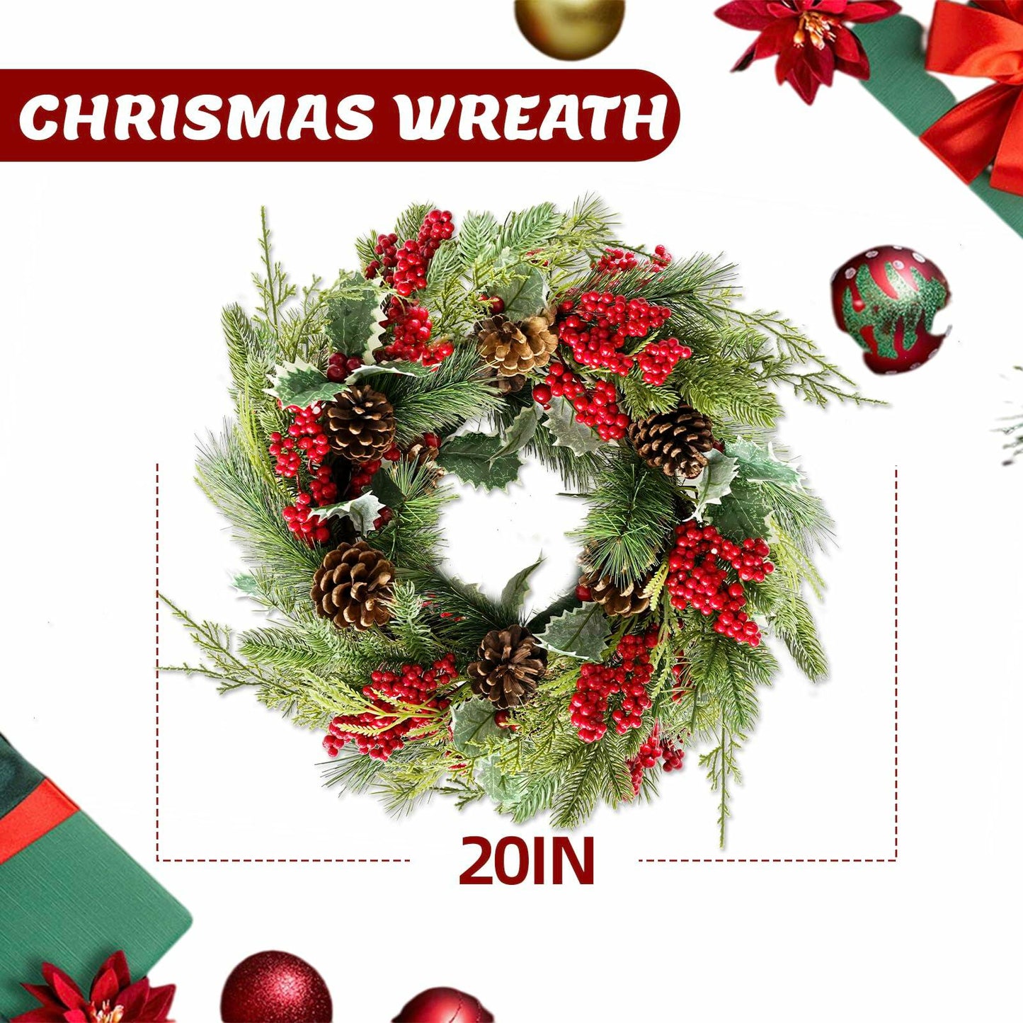 Botanic Dream Christmas Wreath 20in Pine Cones Red Berries Evergreen
