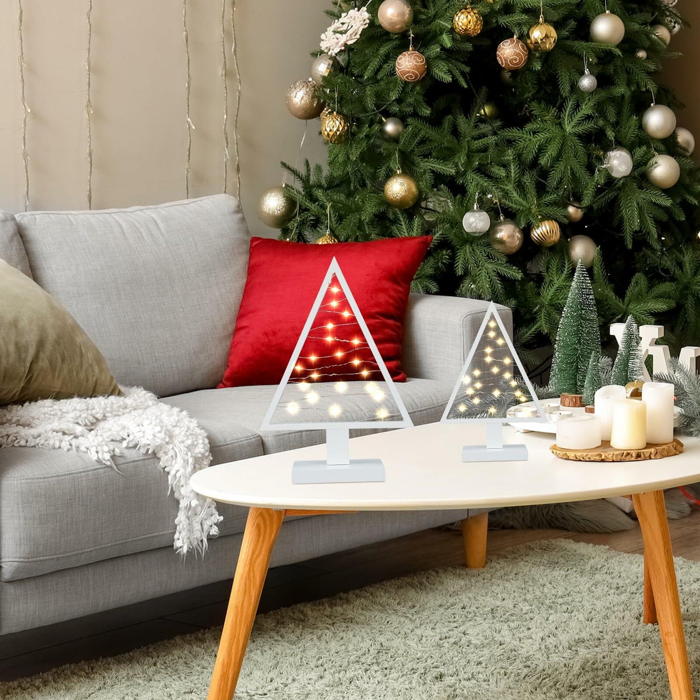 Cinnvoice Wood Christmas Tree with Lights Set of 2 White 13.4" & 9.8"