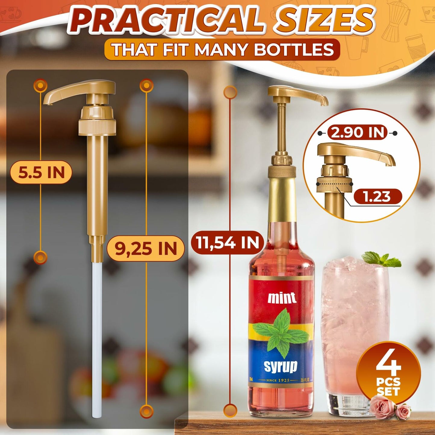 4 Pcs Coffee Syrup Pump Dispenser Lockable for 25.4oz Bottles Precise Dispensing