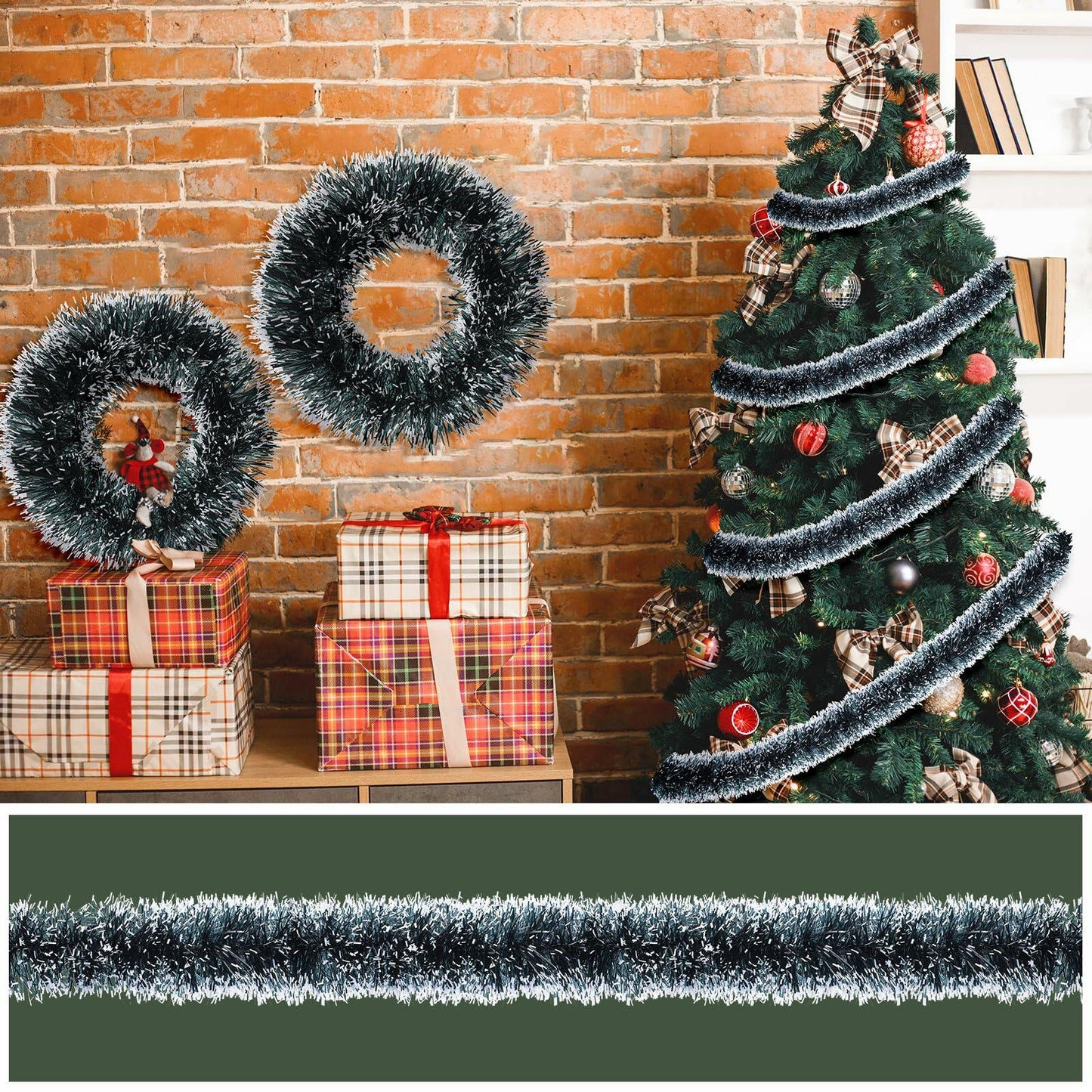 Geosar 80 Ft Green Metallic Christmas Tinsel Garland Foil Decoration