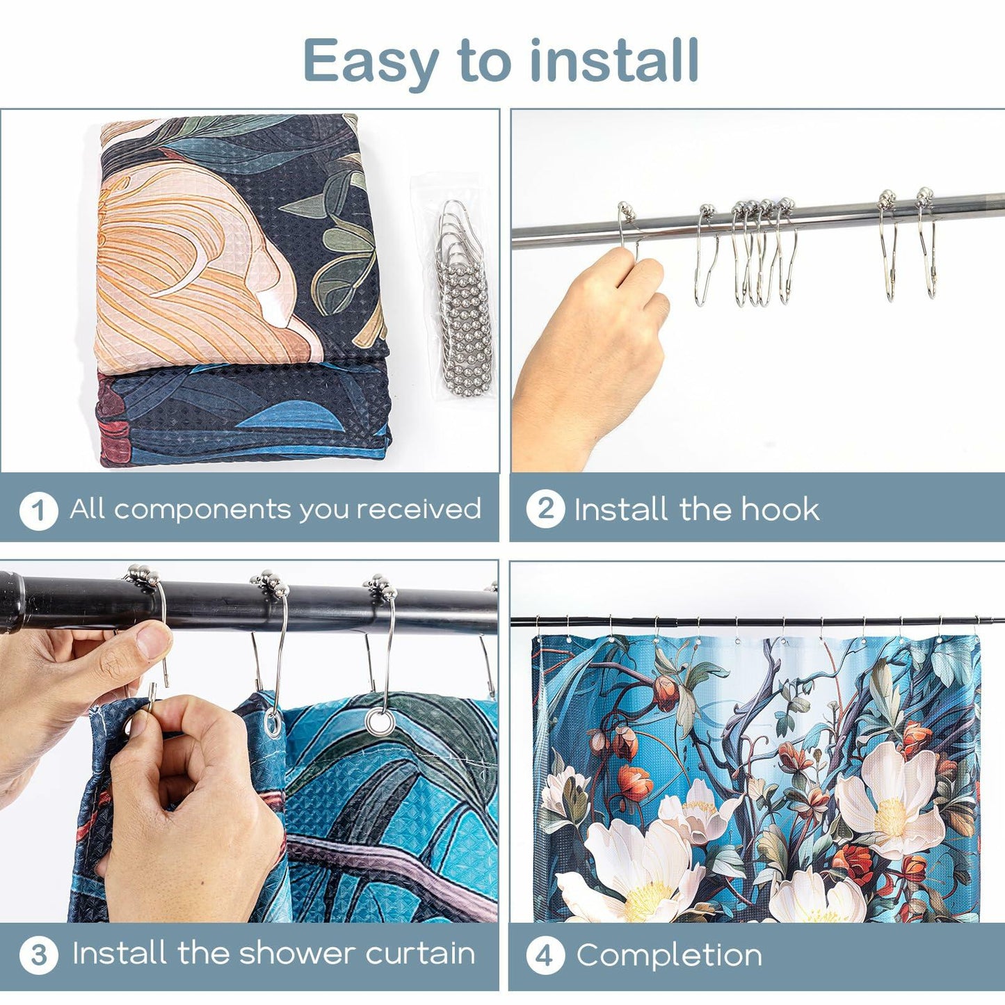 WOHEWREY Floral Waterproof Shower Curtain Green 72x72 Inch with 12 Hooks