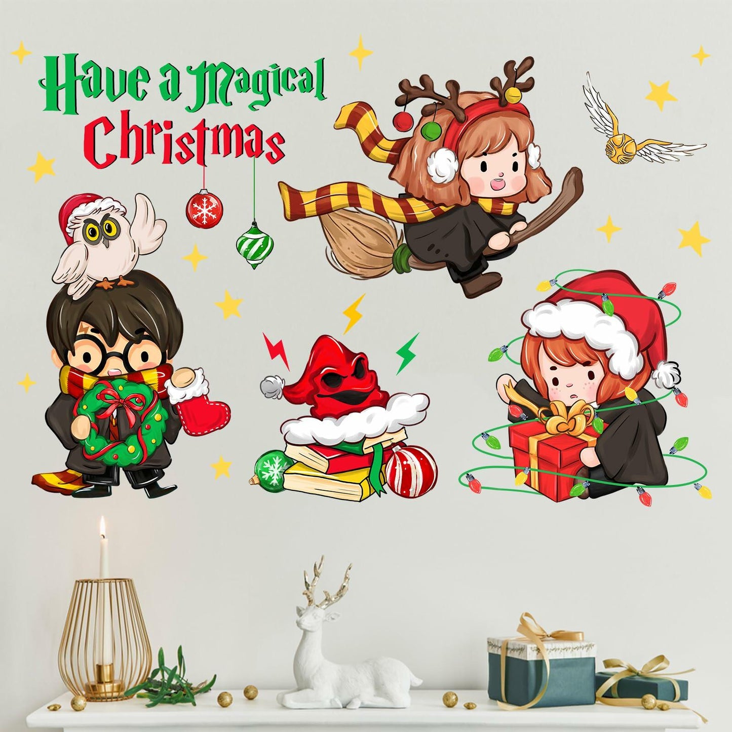 Mfault Magical Christmas Wall Decals Stickers Xmas Wizard Owl Decor