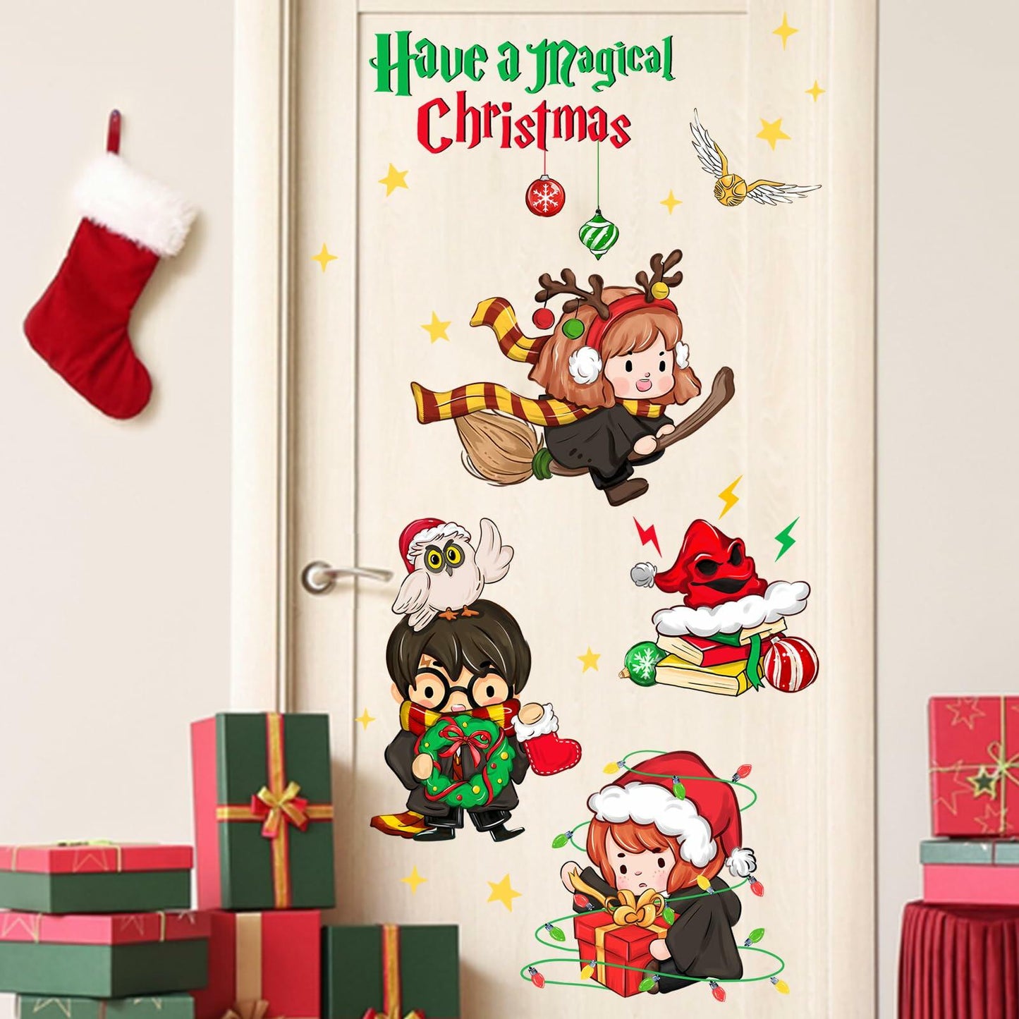 Mfault Magical Christmas Wall Decals Stickers Xmas Wizard Owl Decor