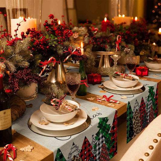 Merry Christmas Table Runner Buffalo Plaid Xmas Tree Cotton Linen 13x72 RedGreen
