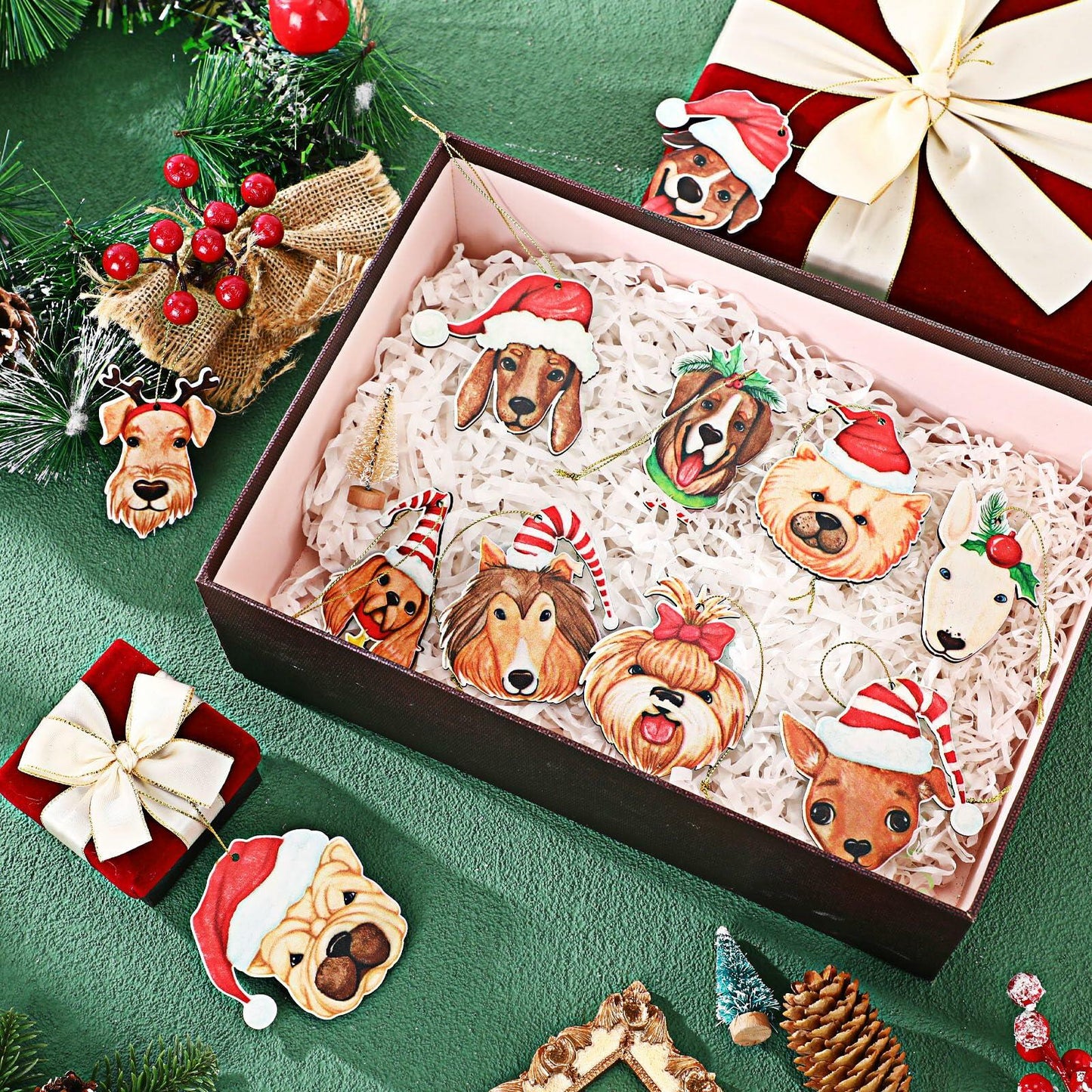 Thyle 24 Pc Dog Christmas Ornaments Wood Puppy Hanging Gold Rope Xmas