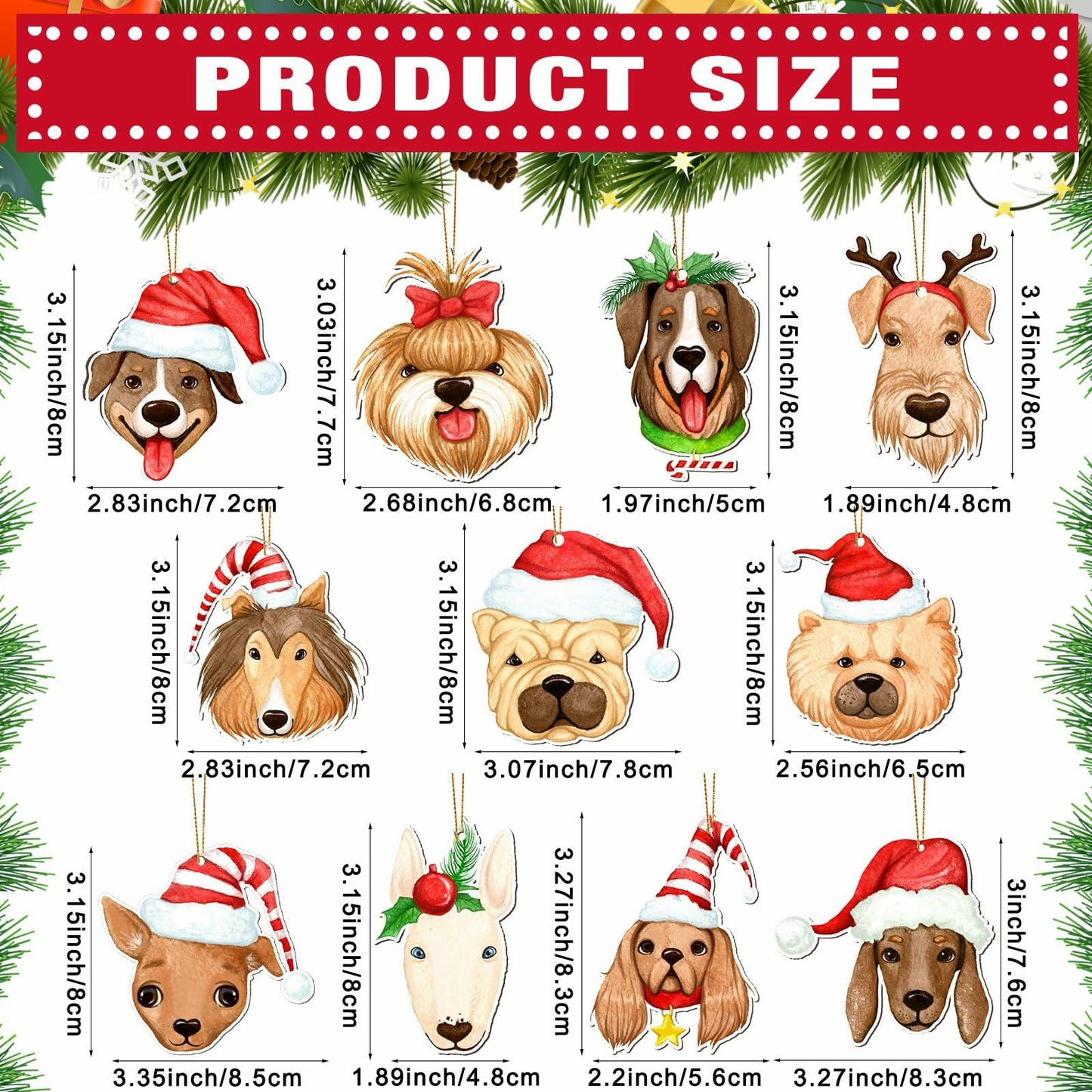 Thyle 24 Pc Dog Christmas Ornaments Wood Puppy Hanging Gold Rope Xmas