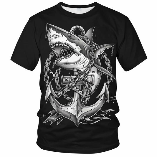 Faiwvhe Men's Creative Shark Graphic T-Shirt Black 2XL Size 2XL