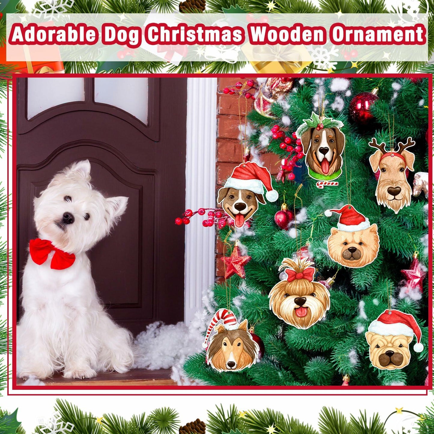 Thyle 24 Pc Dog Christmas Ornaments Wood Puppy Hanging Gold Rope Xmas