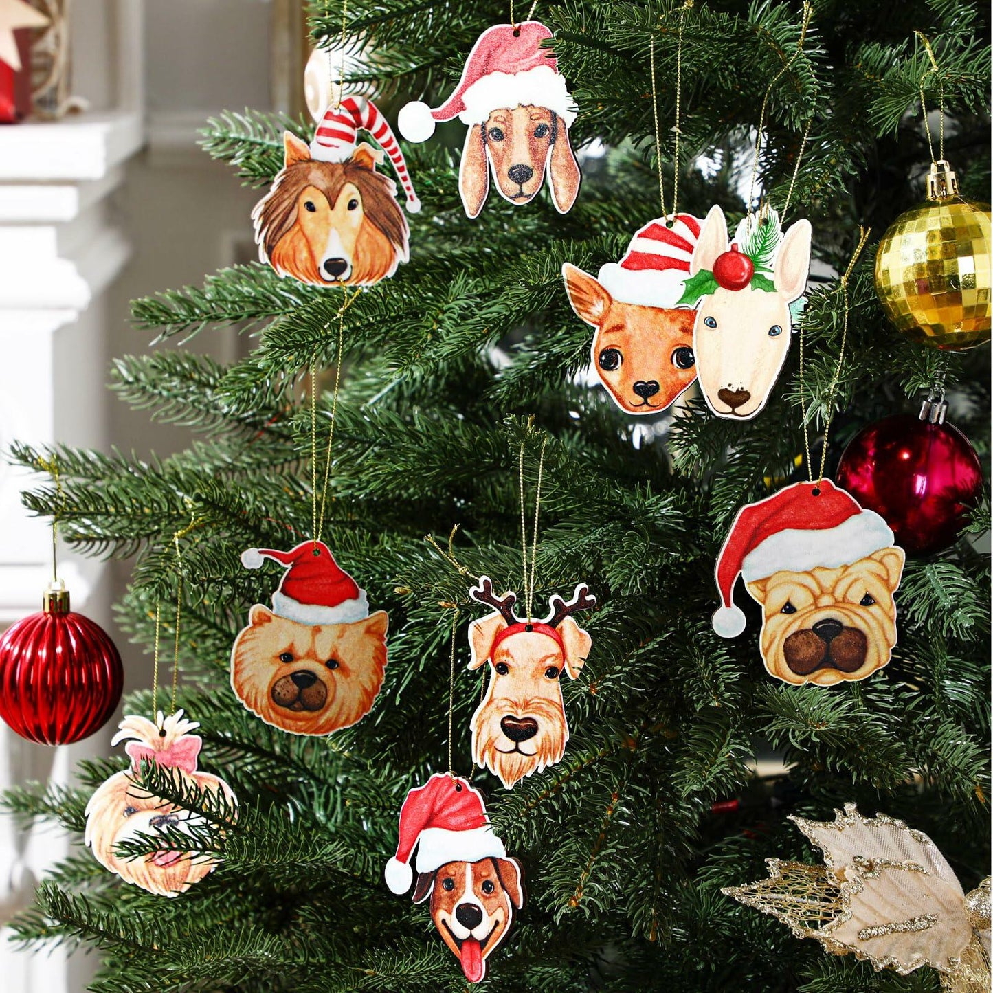 Thyle 24 Pc Dog Christmas Ornaments Wood Puppy Hanging Gold Rope Xmas