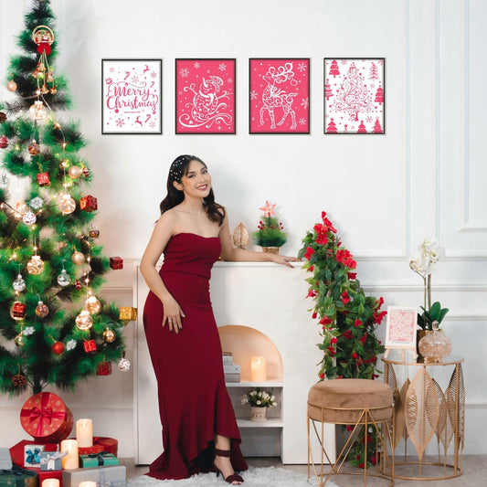 BESERH Pink Christmas Wall Decor Santa Reindeer Bells 8x10in Set of 4