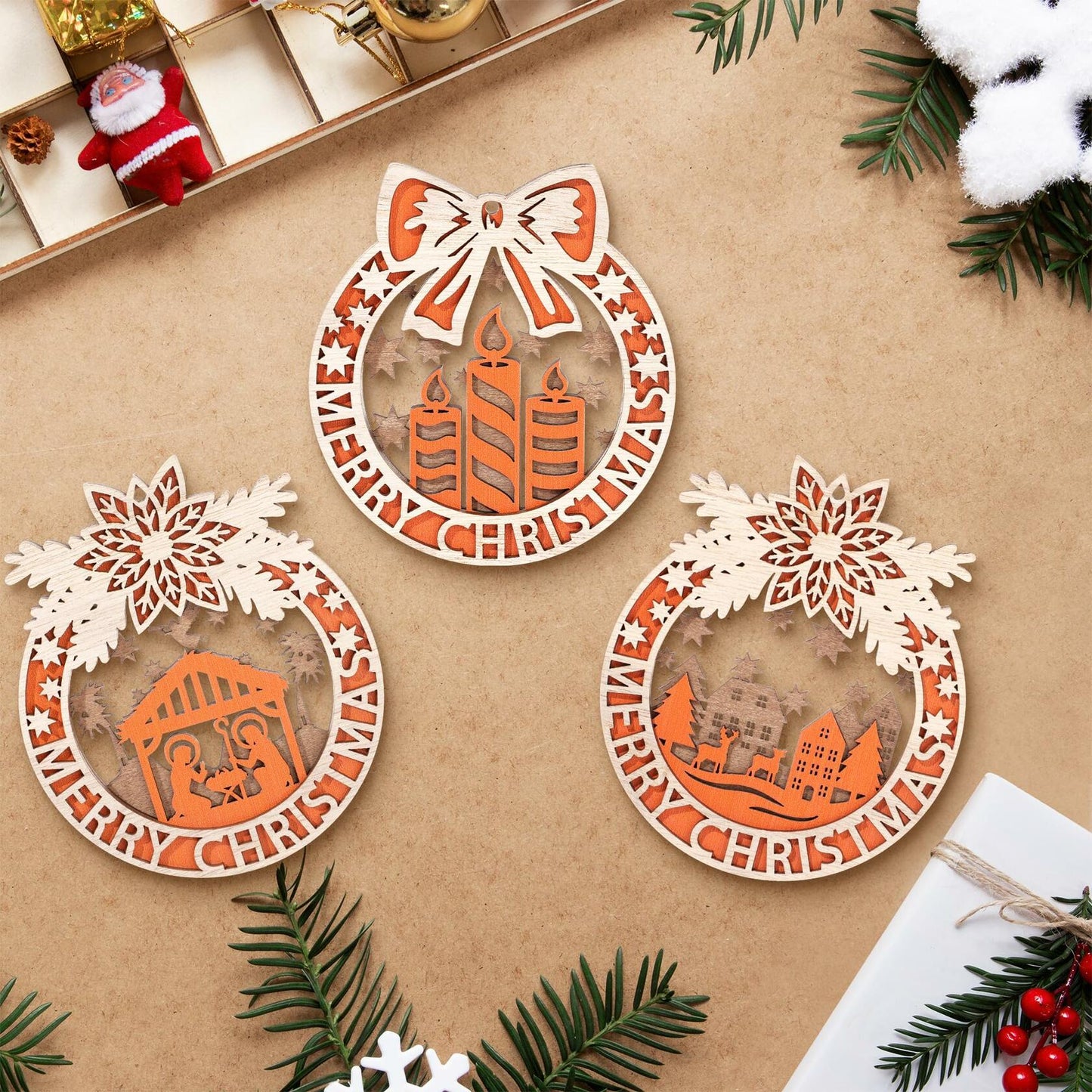 Wooden Christmas Tree Ornaments Hanging Decorations Home Indoor Party Decor