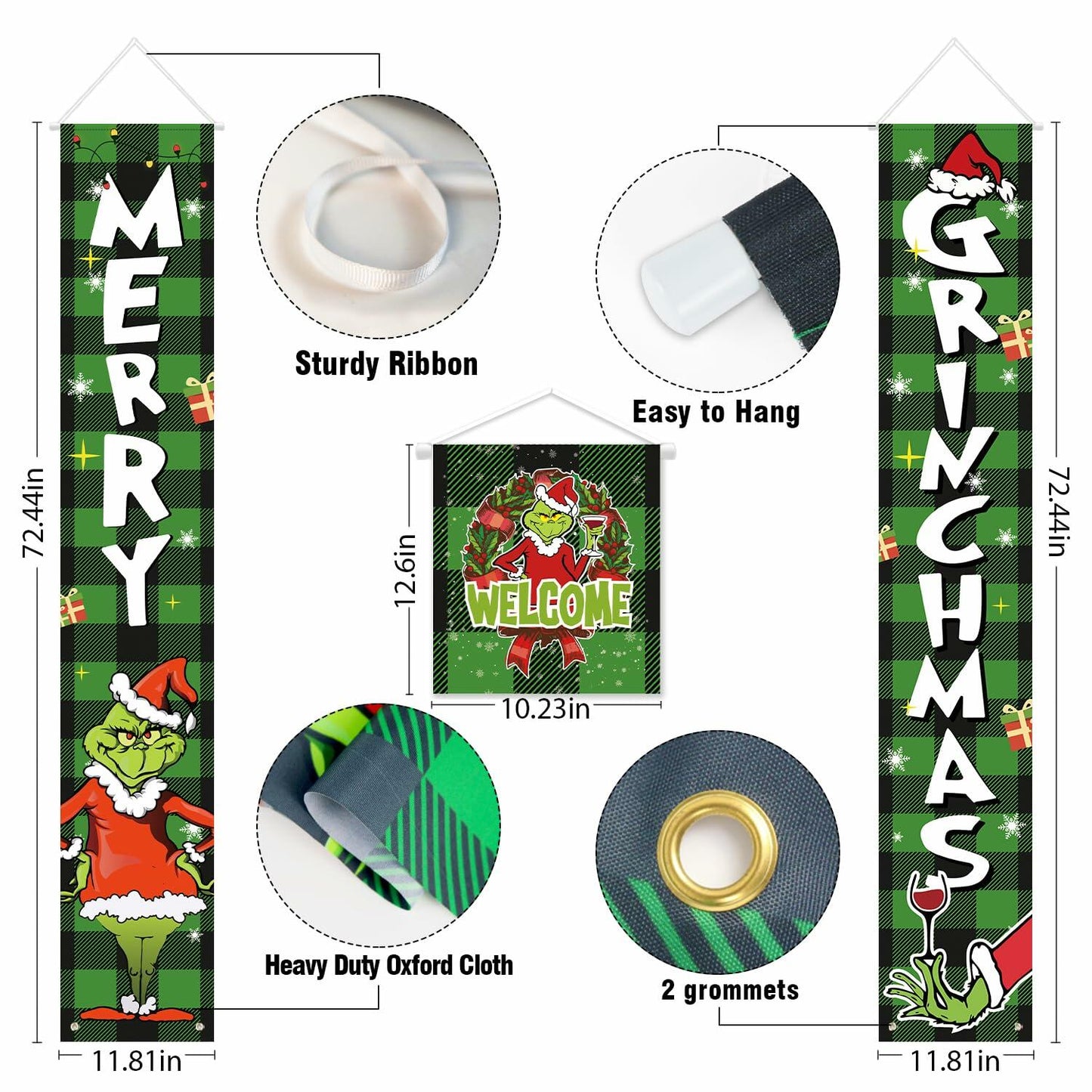 Griinchs Christmas Banner Set of 3 Indoor Outdoor Xmas Porch Wall Decor