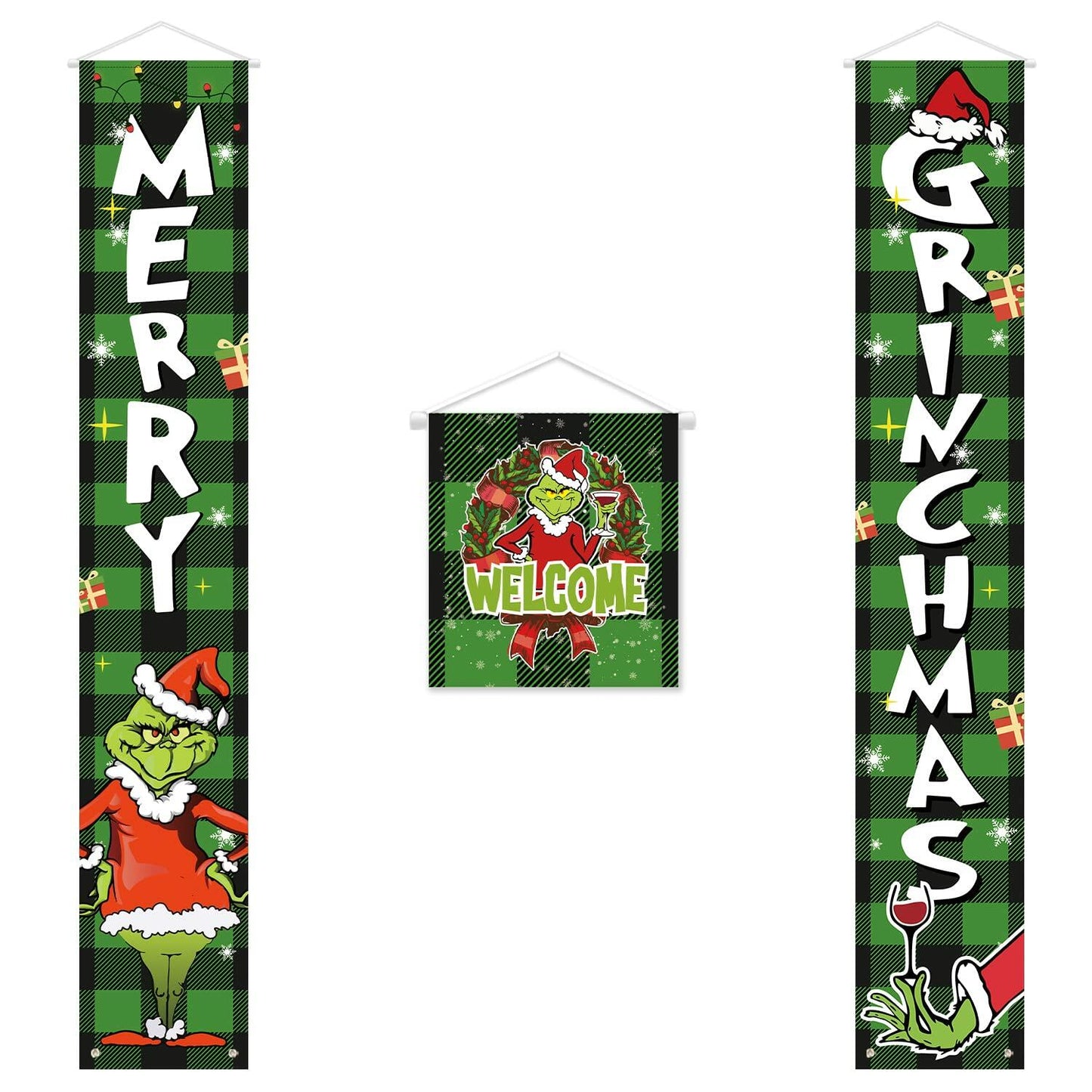 Griinchs Christmas Banner Set of 3 Indoor Outdoor Xmas Porch Wall Decor