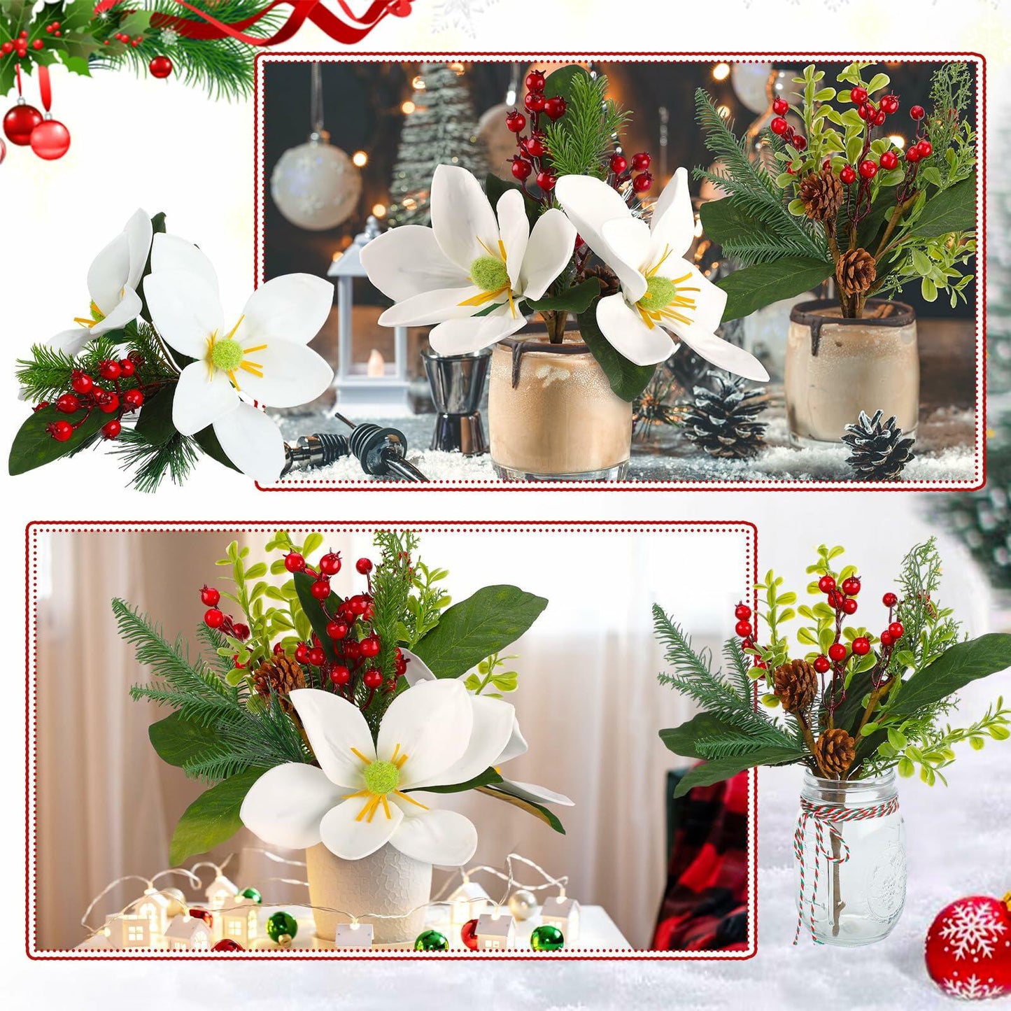 Hotop Christmas Floral Picks 16in Magnolia Pine Berry Branches 4 Pcs