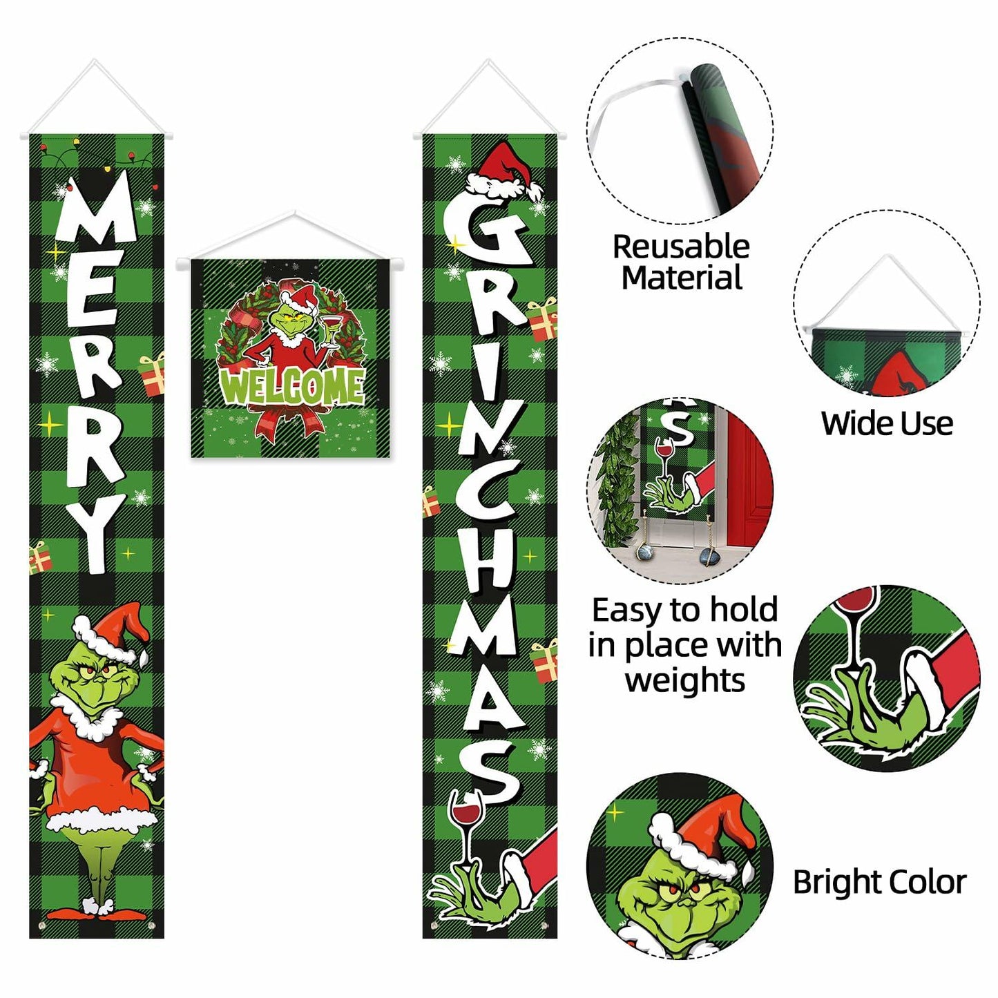 Griinchs Christmas Banner Set of 3 Indoor Outdoor Xmas Porch Wall Decor