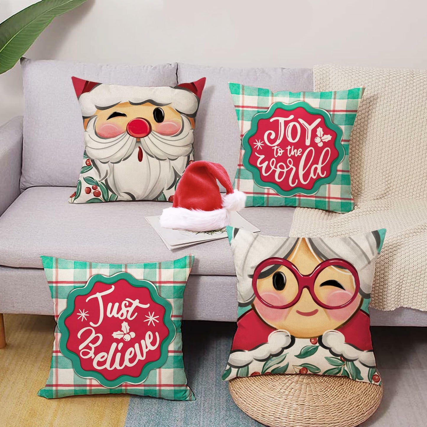 Fjfz Christmas Santa & Mrs Claus Throw Pillow Covers Green 18x18 Set of 4