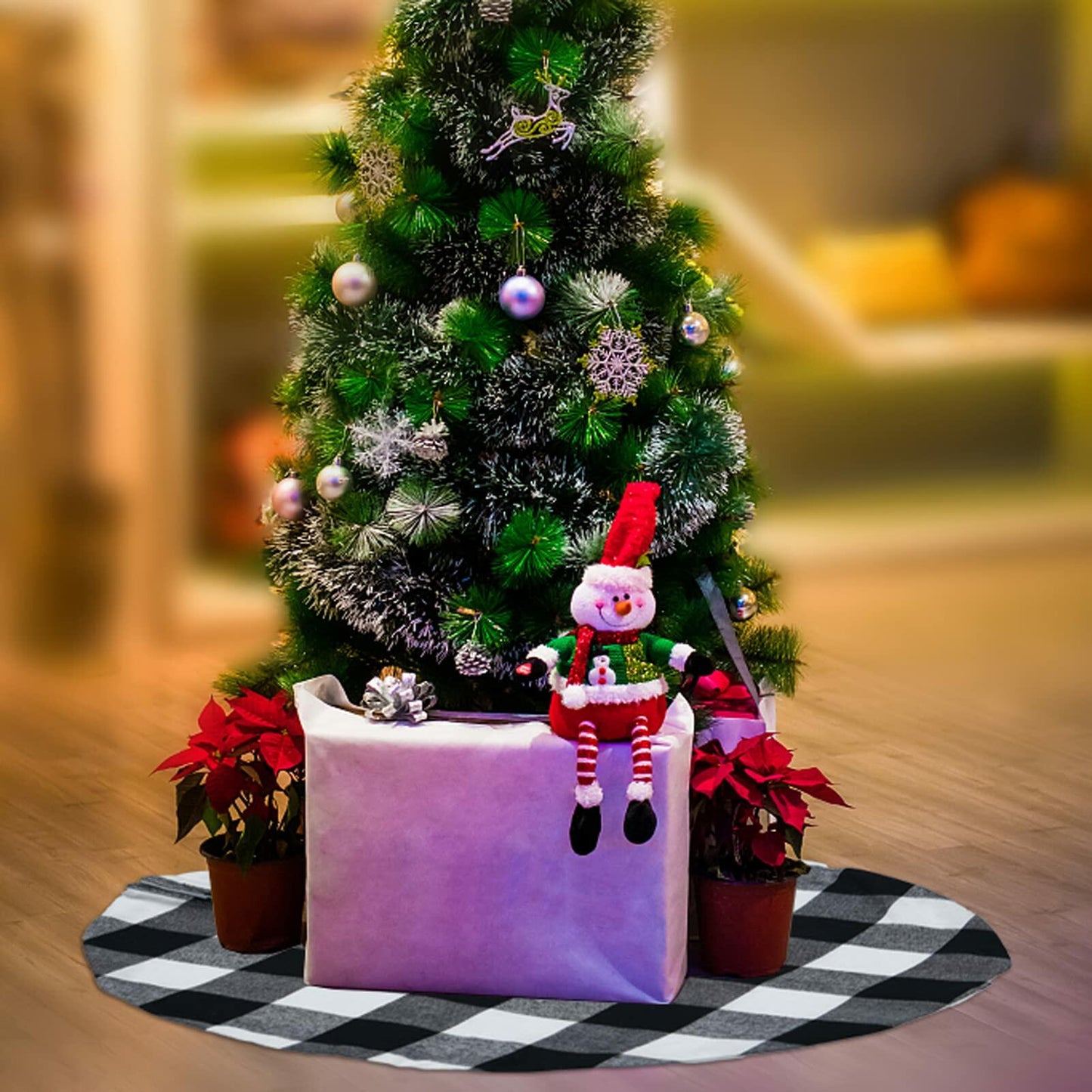4 Pack Christmas Tree Skirt 15" Black White Buffalo Plaid Holiday Decor