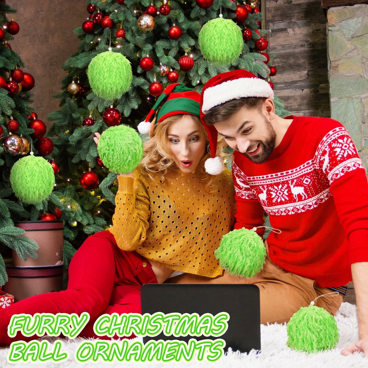 Syhood 2 Pcs Green Furry Large Christmas Ball Ornaments 4.72in