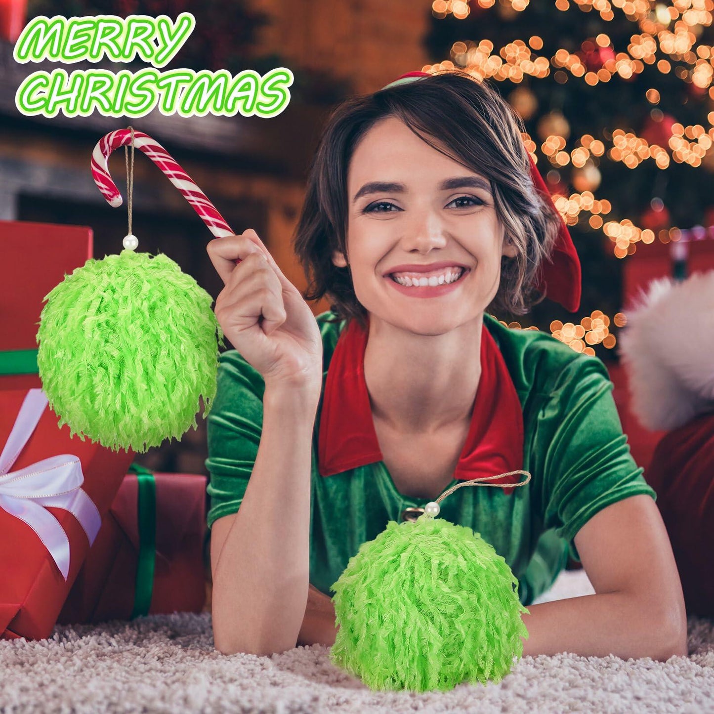 Syhood 2 Pcs Green Furry Large Christmas Ball Ornaments 4.72in