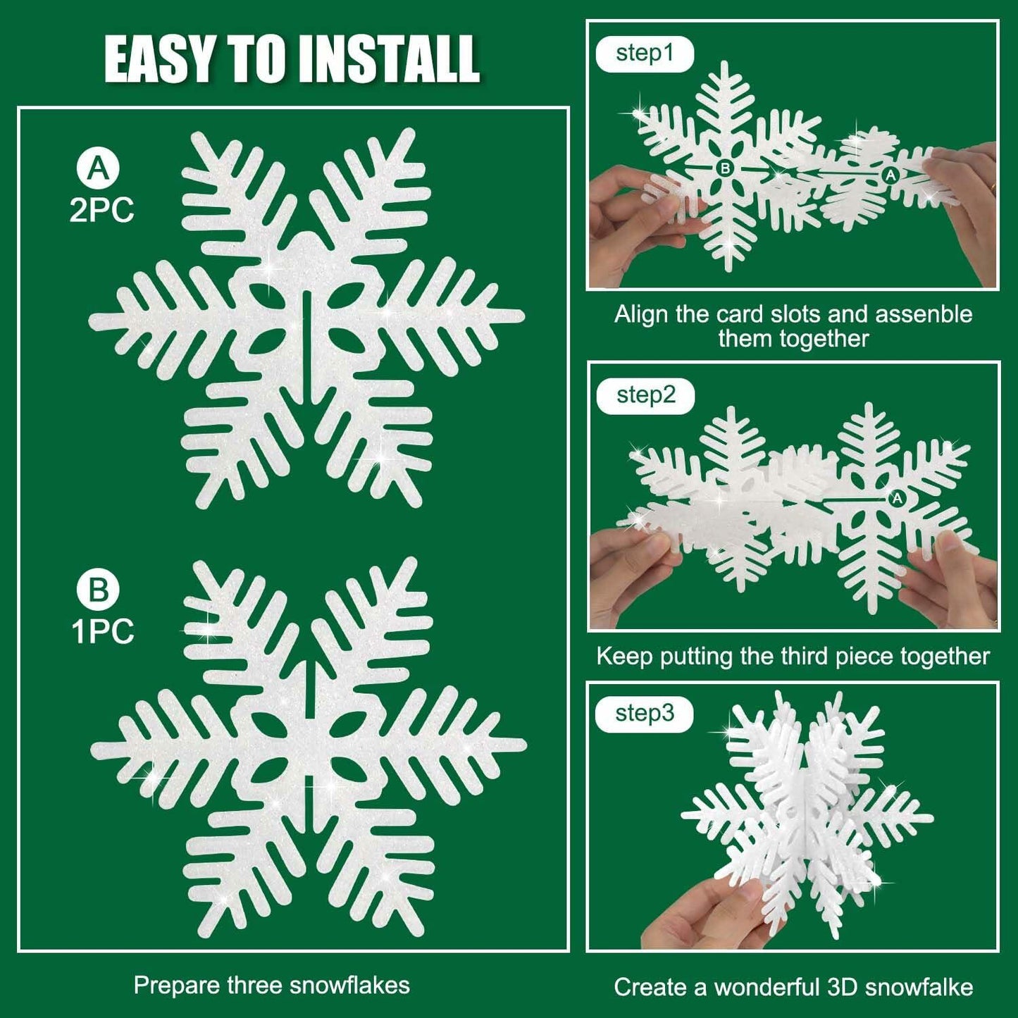 8 PCS 3D Glitter Snowflake Decorations White Christmas Tabletop Decor