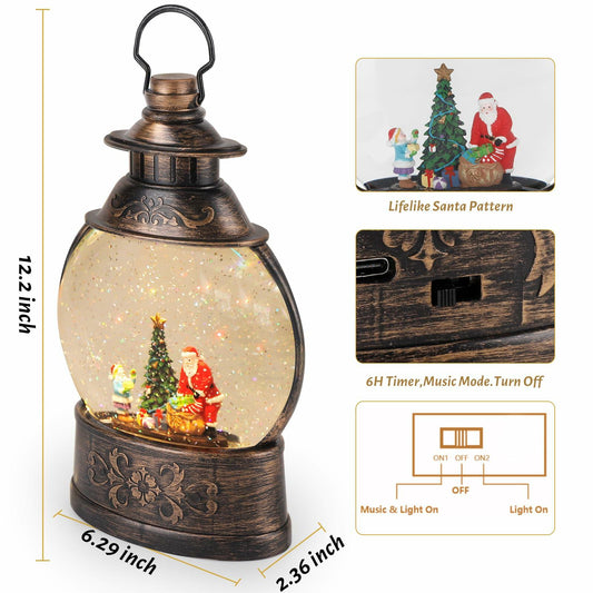 12.2" Christmas Musical Snow Globe Lantern with Timer Battery Operated USB