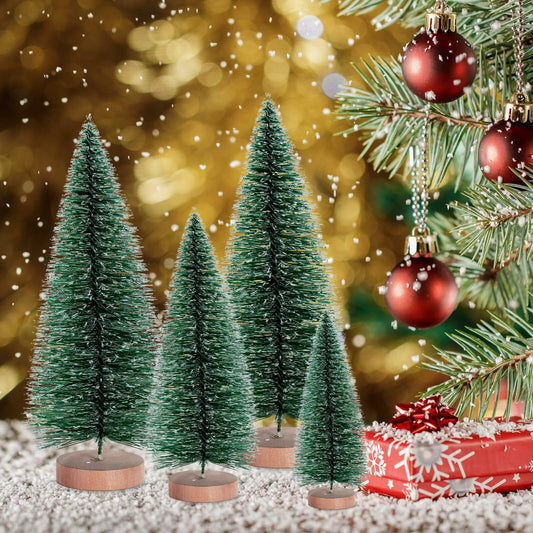 12 Pcs Mini Christmas Trees with Wooden Bases, 3 Sizes, Green Snow Decor