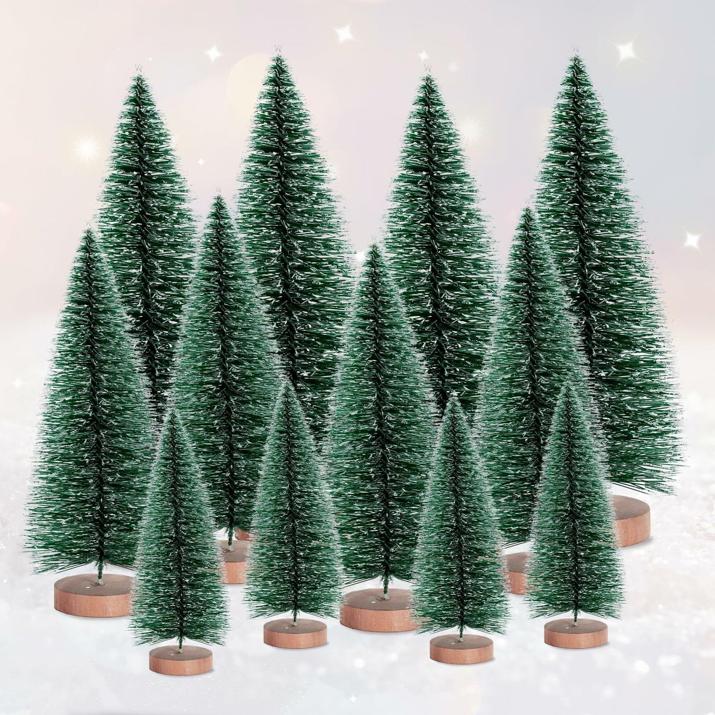 12 Pcs Mini Christmas Trees with Wooden Bases, 3 Sizes, Green Snow Decor