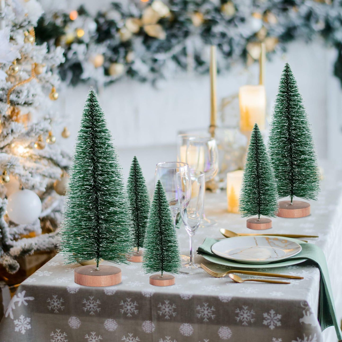 12 Pcs Mini Christmas Trees with Wooden Bases, 3 Sizes, Green Snow Decor