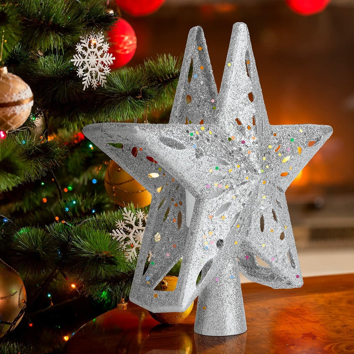 PliMook Christmas Tree Topper LED 3D Glitter Rotating Silver Star Light